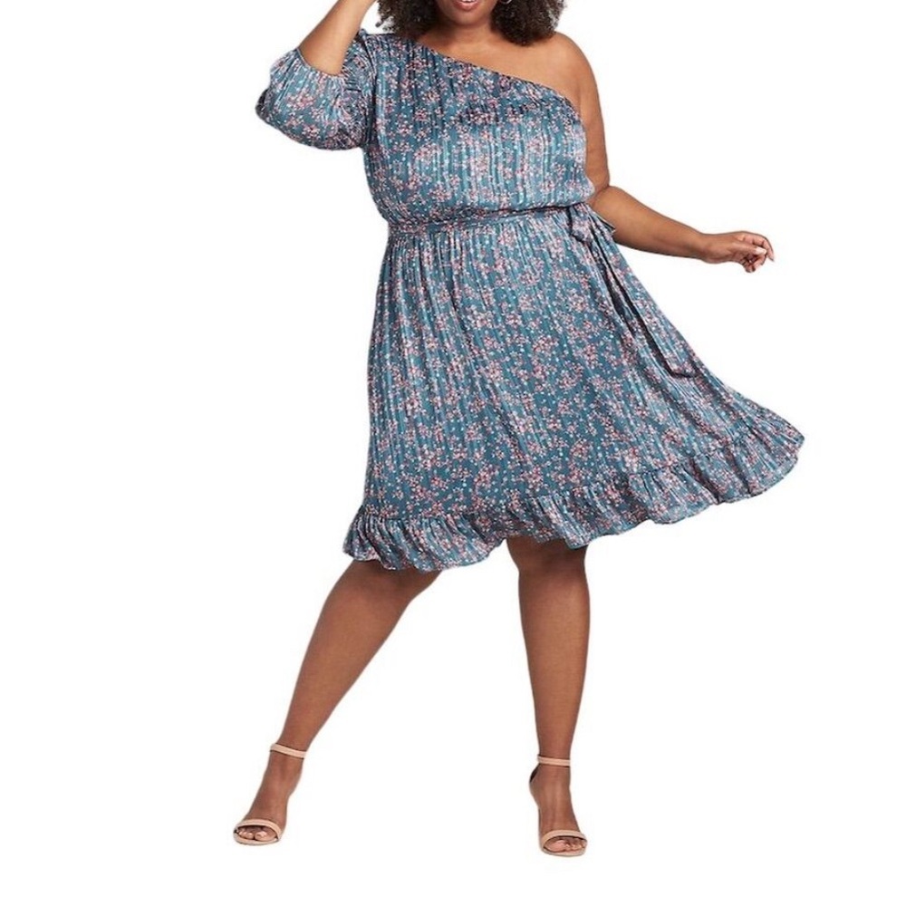 Lane Bryant Women's One-Shoulder Fit & Flare Dress Blue Floral Size 14 Pockets